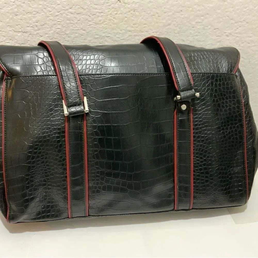 CHAPS Black Faux Leather Croc Black Tote Padded Laptop Bag Business Briefcase